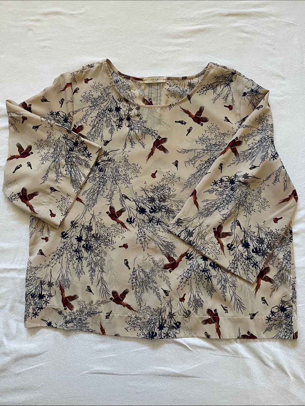 Le Lis Beige Bird Print Blouse with Navy and Brown Accents